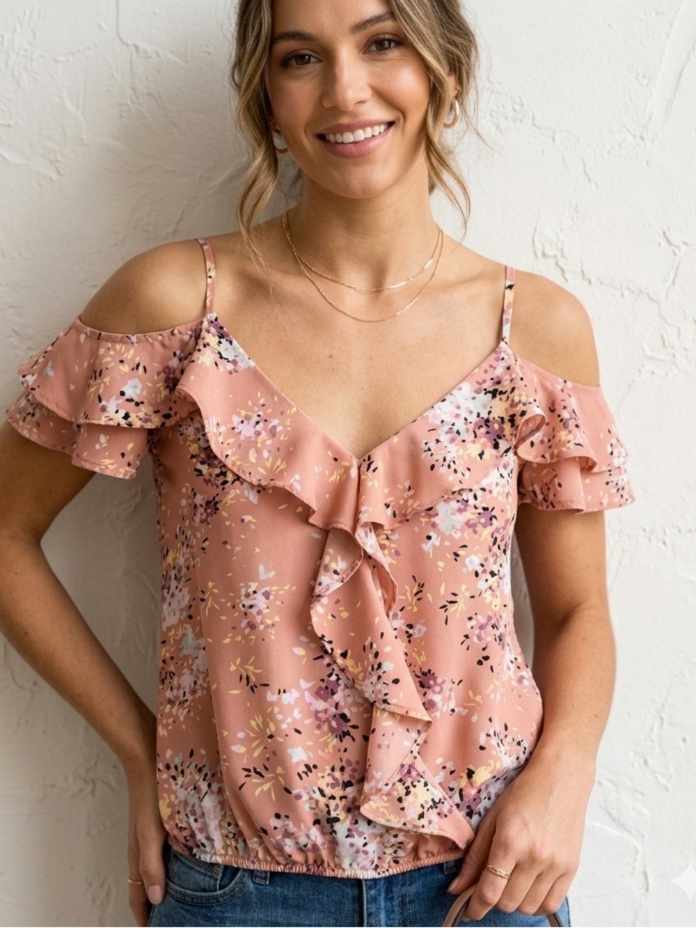 Coquette Fairycore Pink Floral Chiffon Ruffle Blouse S Moa Moa Cold Shoulder